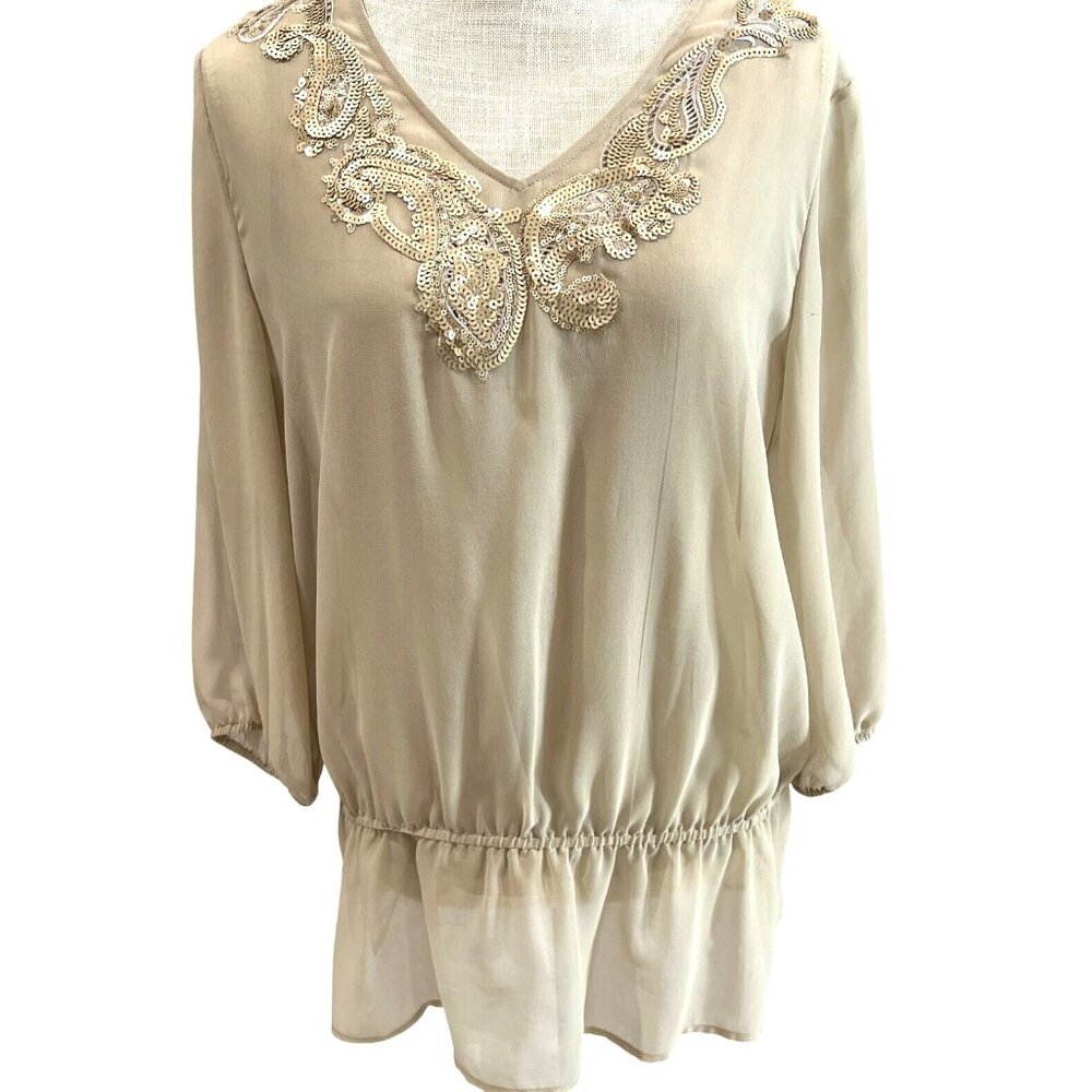 Chicos Beige Sheer Blouse With Sequin Embellished Neckline & Cinched Waist 1X